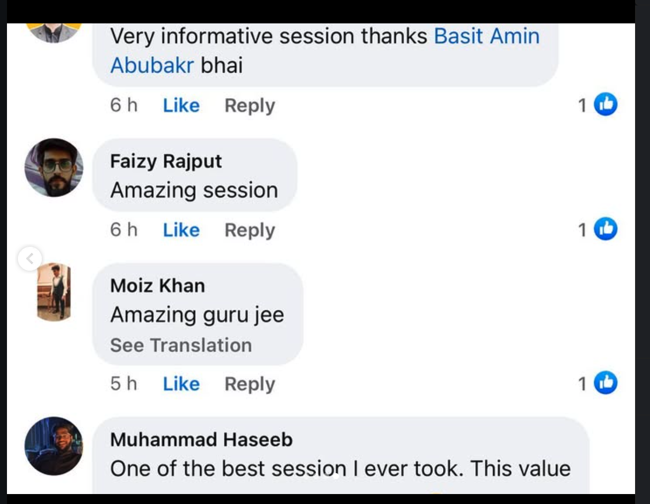 Participant feedback describing Basit's session as informative and valuable