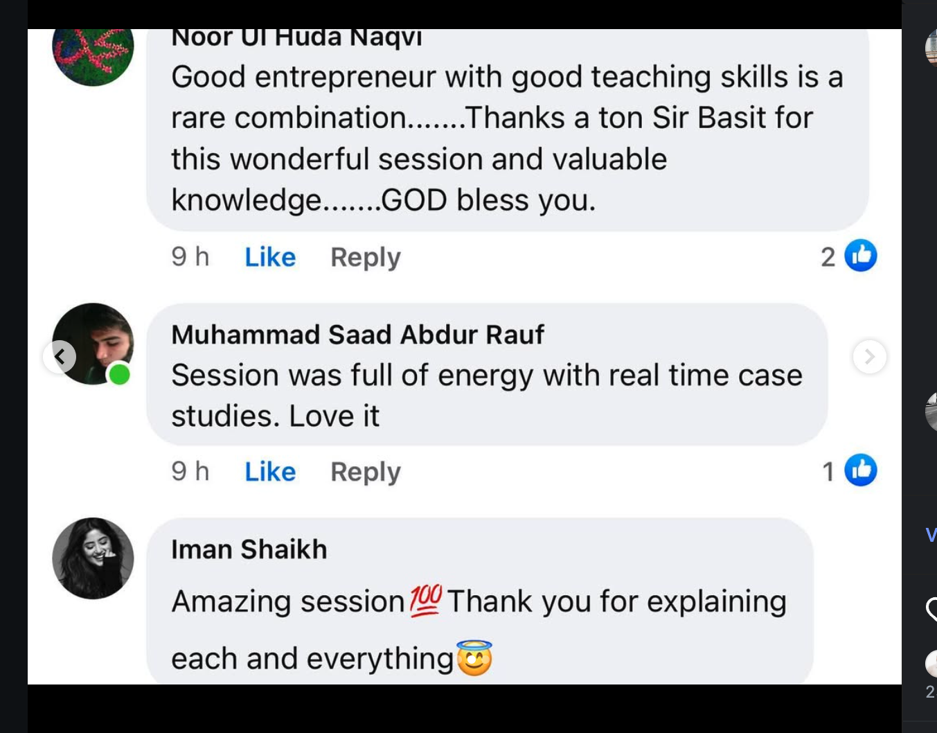 Participant feedback describing Basit's teaching skills and energetic, practical session